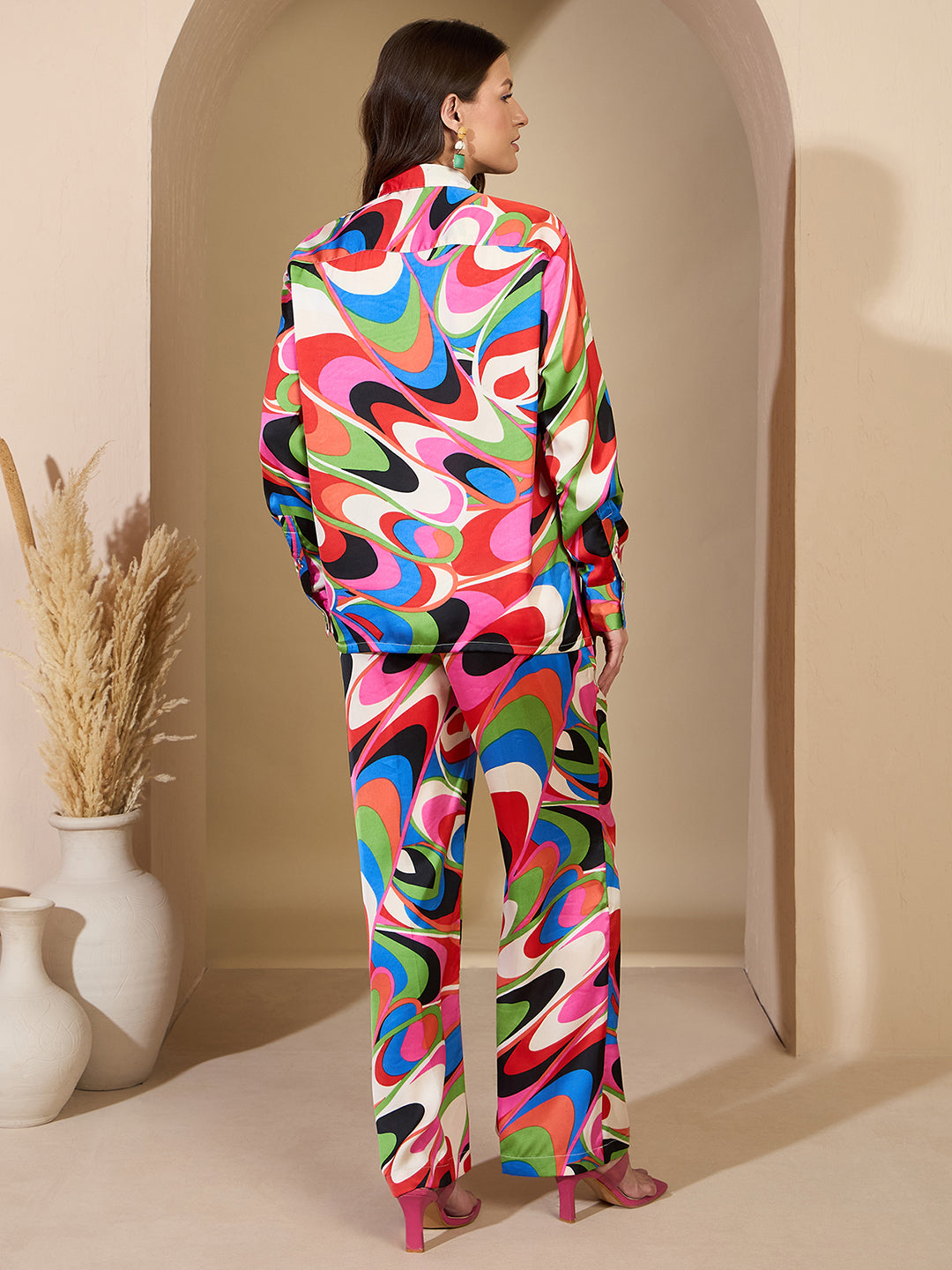 Multi Abstract Satin Shirt With Darted Pants