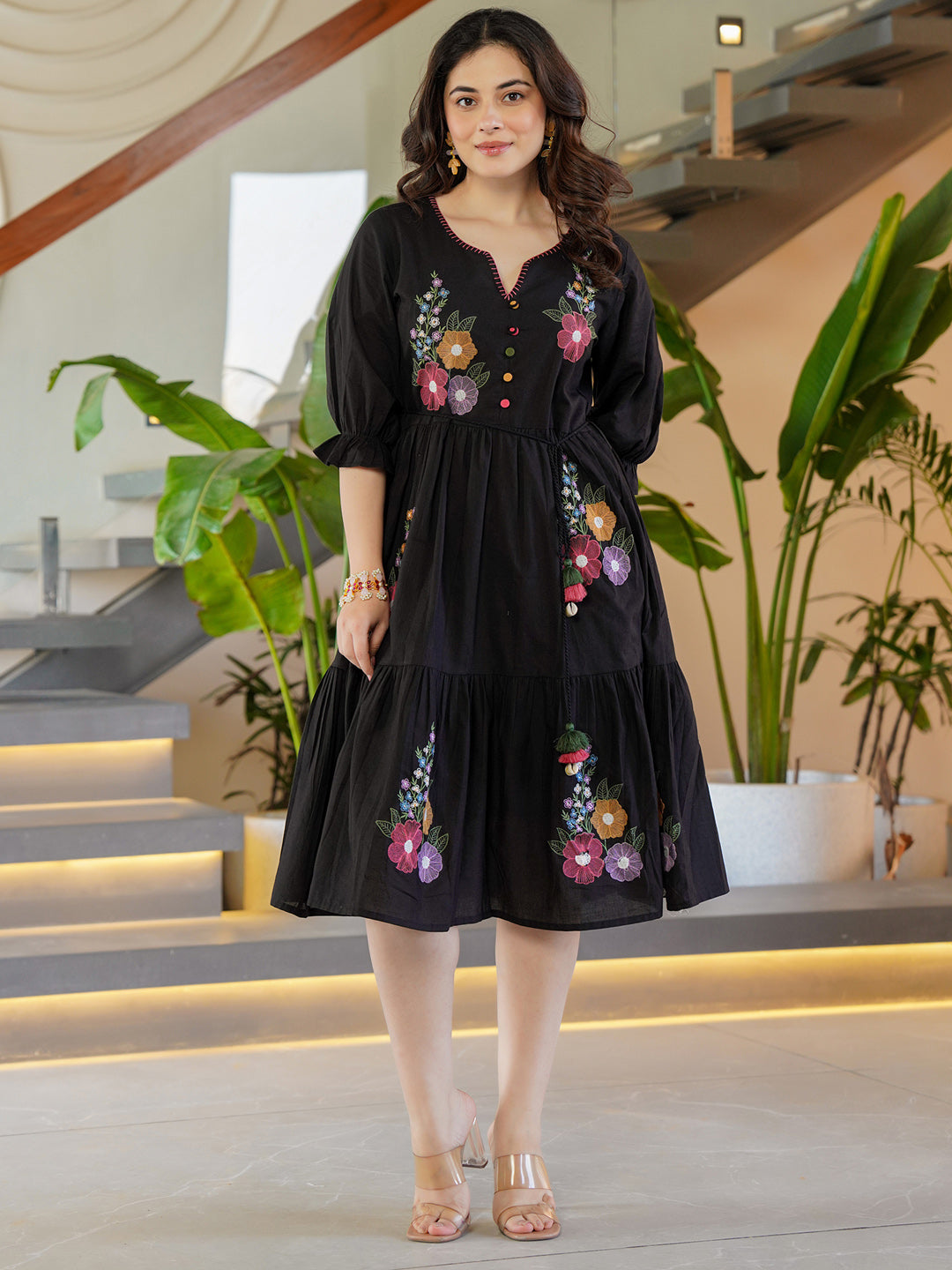 Cotton Black Floral Embroidered Midi Dress Zummer Cotton Black Floral Embroidered Midi Dress Zummer