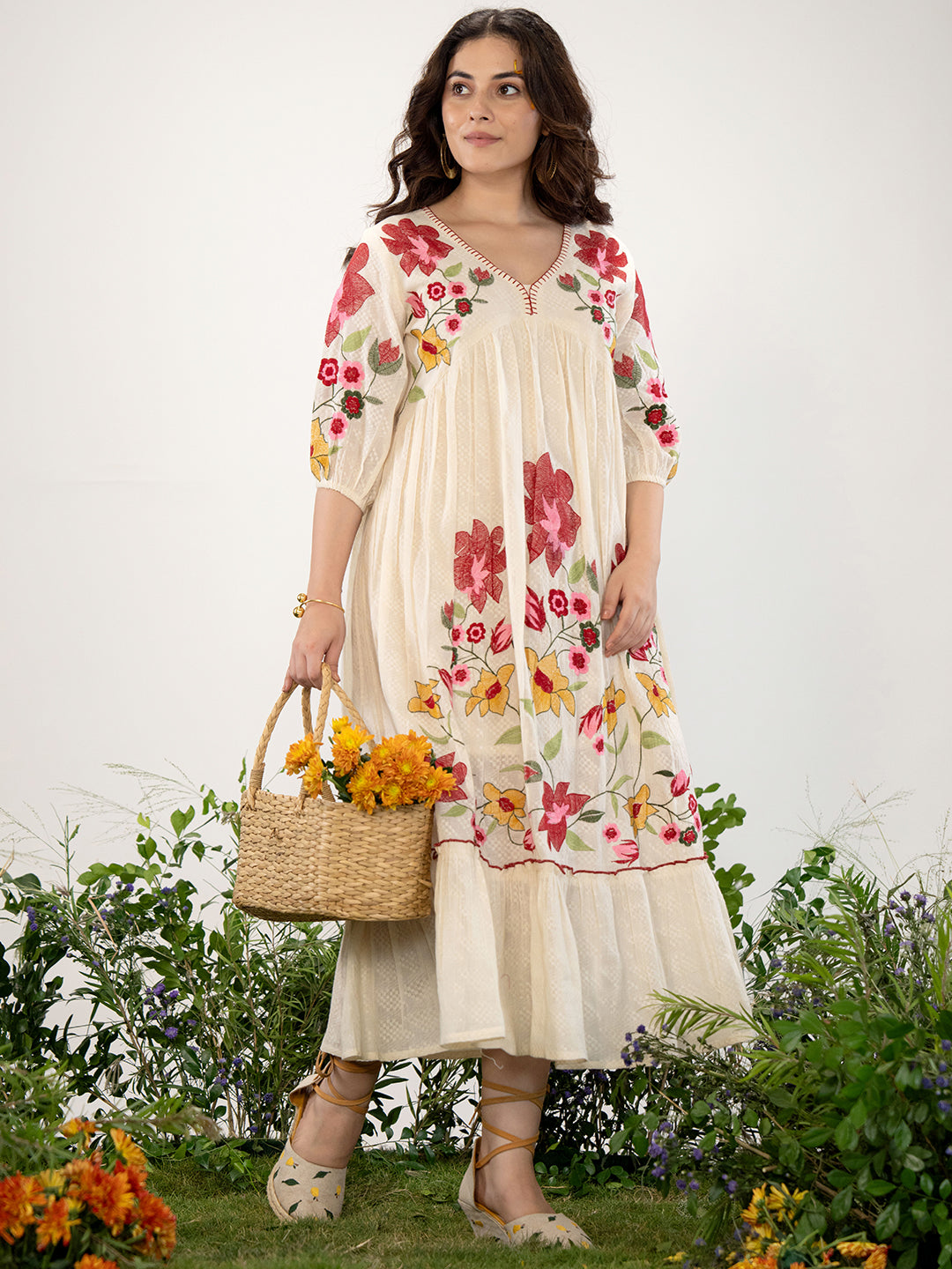 Off White Floral Embroidered Puff Sleeve Midi dress Zummer Off White Floral Embroidered Puff Sleeve Midi dress Zummer
