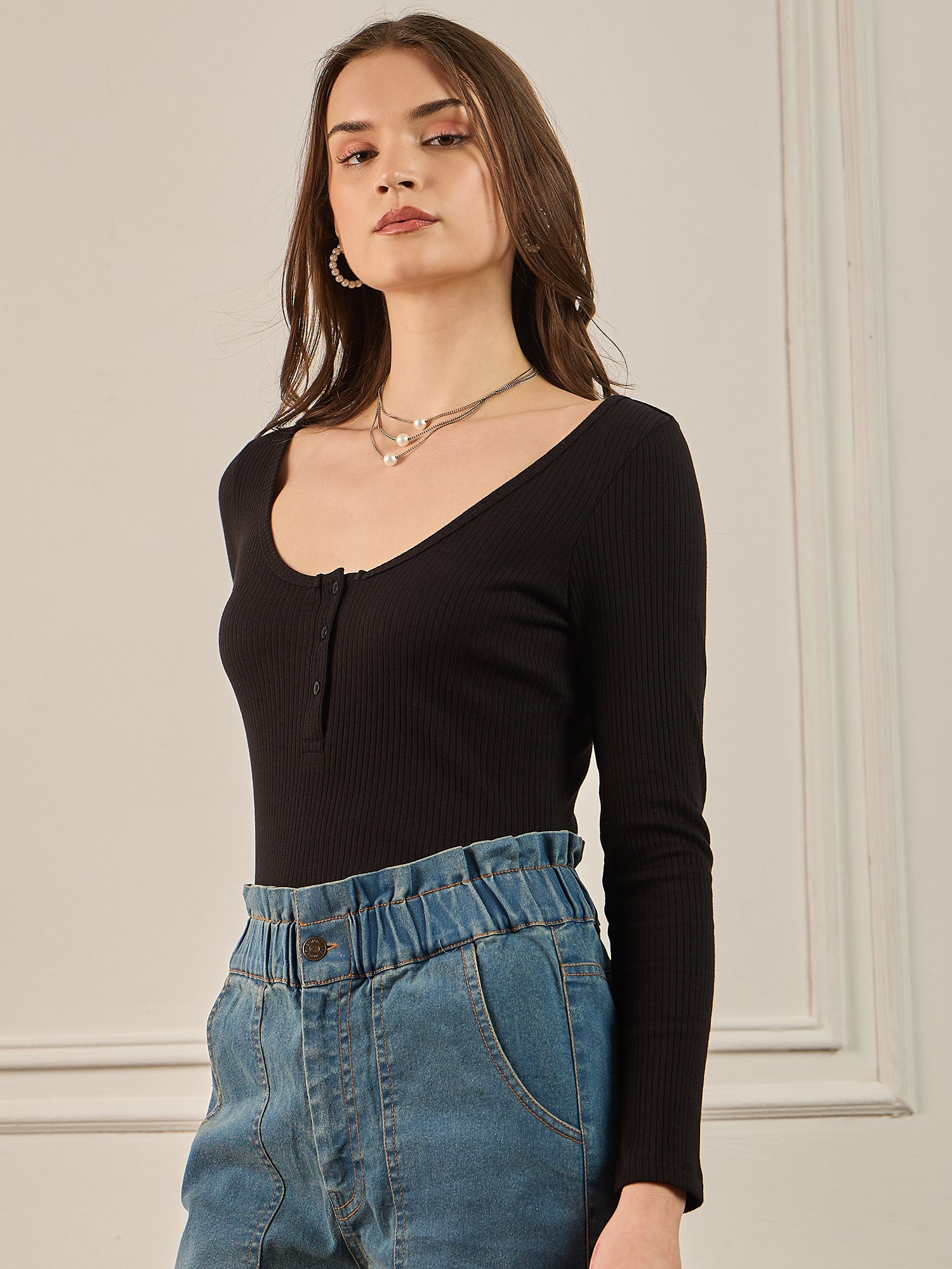 Black Ribbed Henley Top