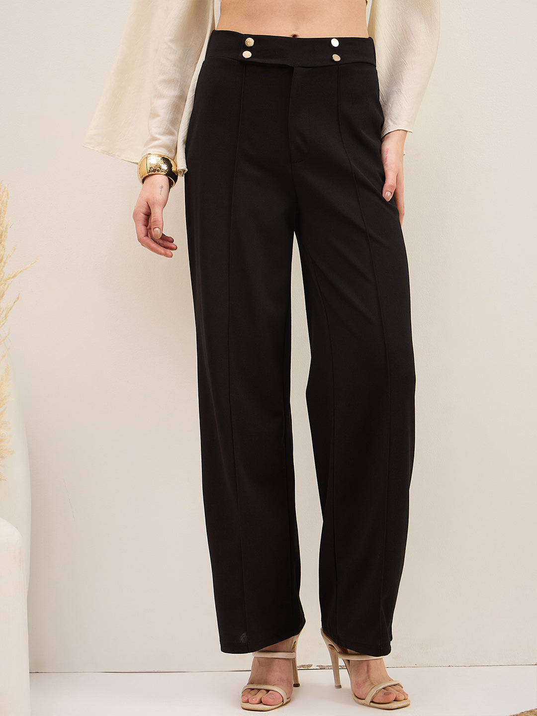 Black Knitted Front Pintuck Straight Pants