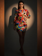 Satin Multi Abstract Side Cut Out Short Dress