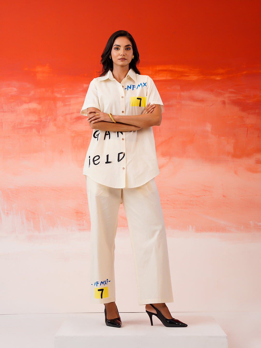 Zummer Hand-Painted Cotton Co-Ord Set with Shirt & Trousers – Off White, Cream & Multi