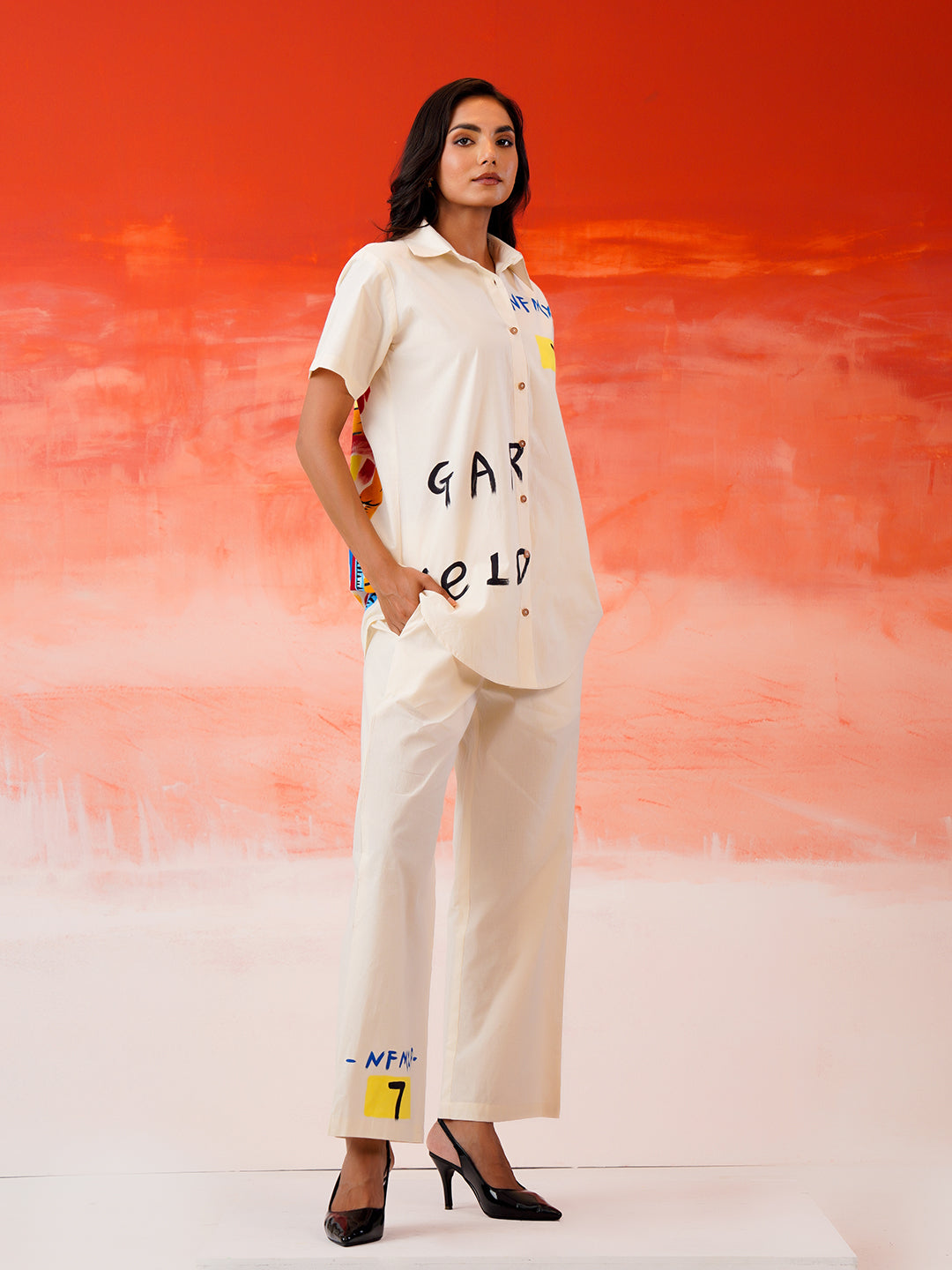 Zummer Hand-Painted Cotton Co-Ord Set with Shirt & Trousers – Off White, Cream & Multi