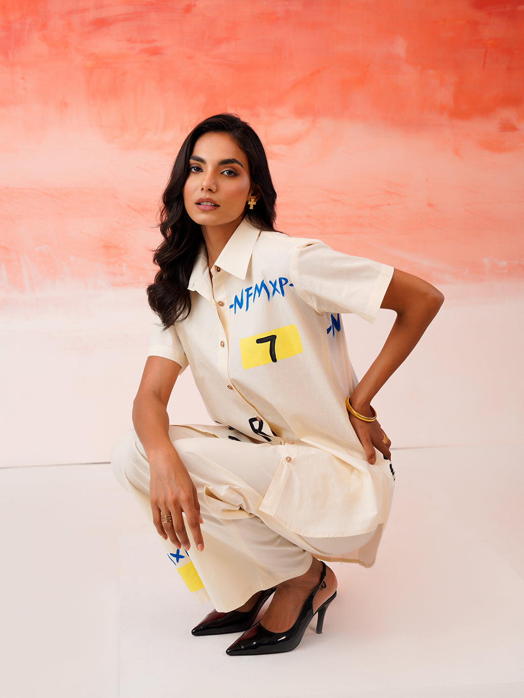 Zummer Hand-Painted Cotton Co-Ord Set with Shirt & Trousers – Off White, Cream & Multi