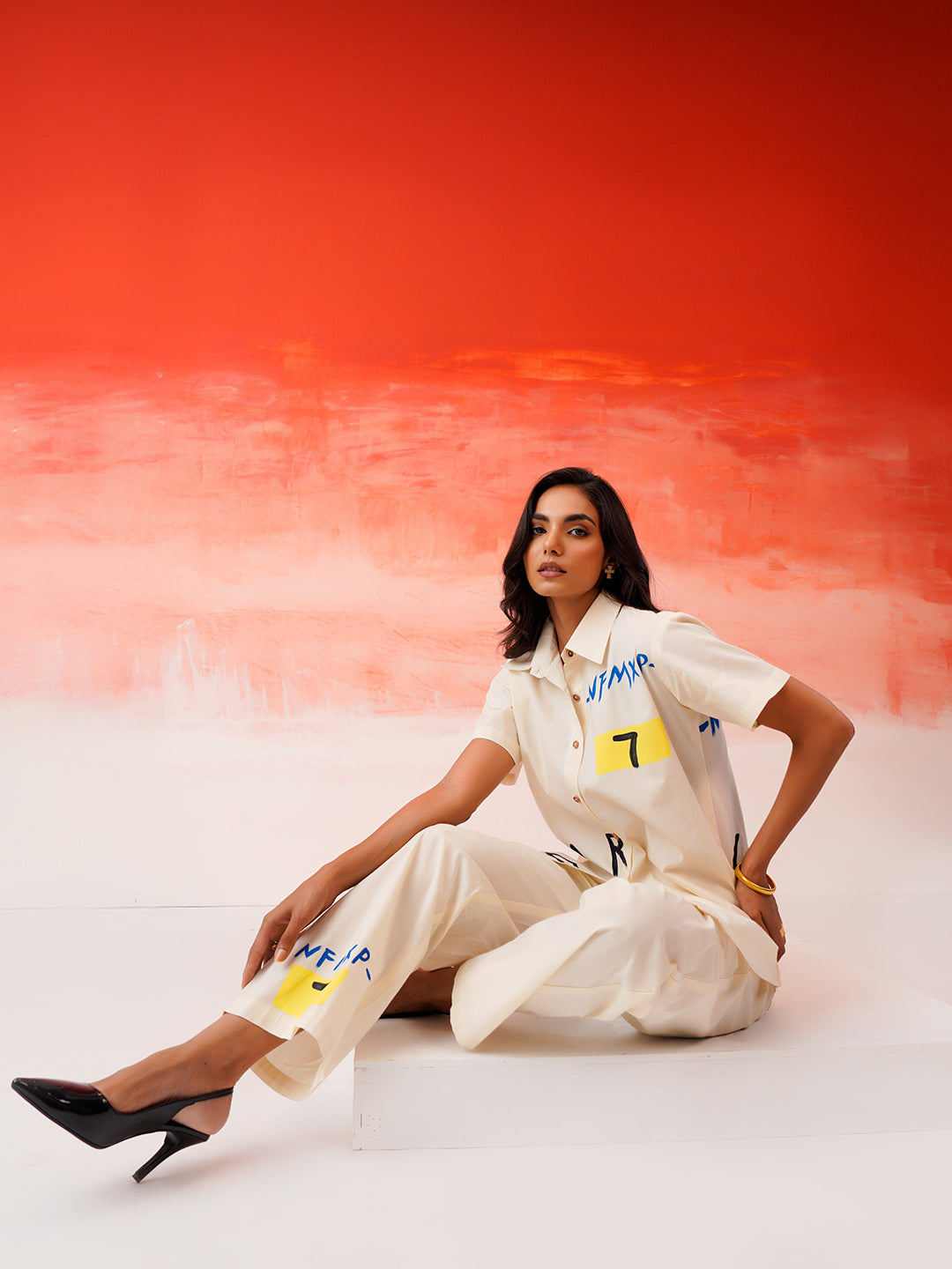 Zummer Hand-Painted Cotton Co-Ord Set with Shirt & Trousers – Off White, Cream & Multi