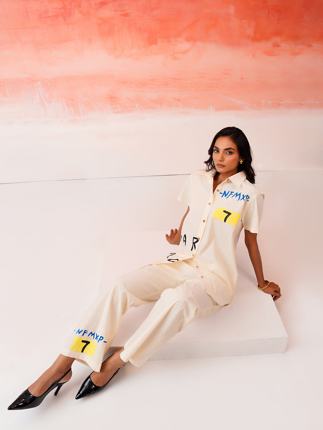 Zummer Hand-Painted Cotton Co-Ord Set with Shirt & Trousers – Off White, Cream & Multi