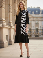 Black Embroidered A-Line Midi Dress