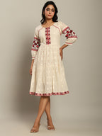 Cotton Off White Tribal Embroidered Midi Dress