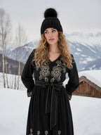 Black Cotton Embroidered Fit and Flare Midi Dress with Bell Sleeves
