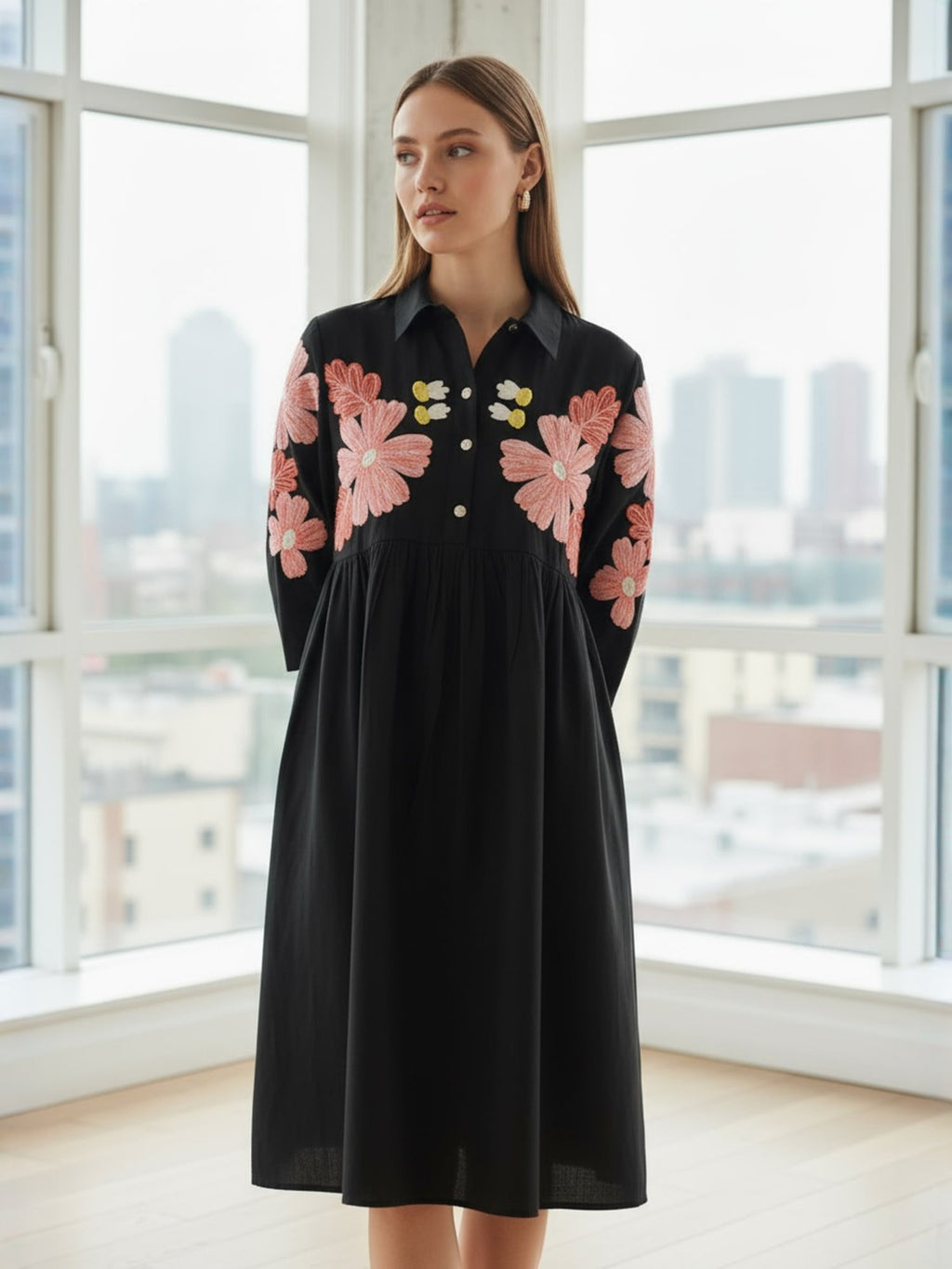 Zummer Rayon Black floral embroidered Shirt Collar Midi dress