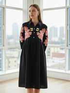 Zummer Rayon Black floral embroidered Shirt Collar Midi dress