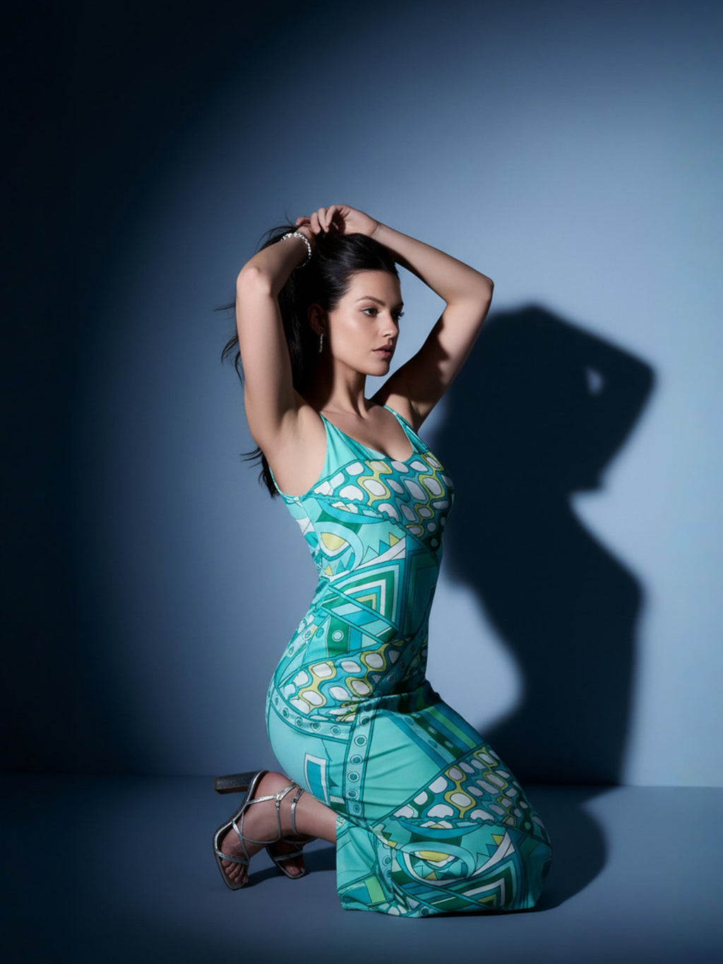 Blue Asbstract Satin Strappy Maxi Dress