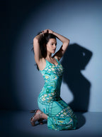 Blue Asbstract Satin Strappy Maxi Dress