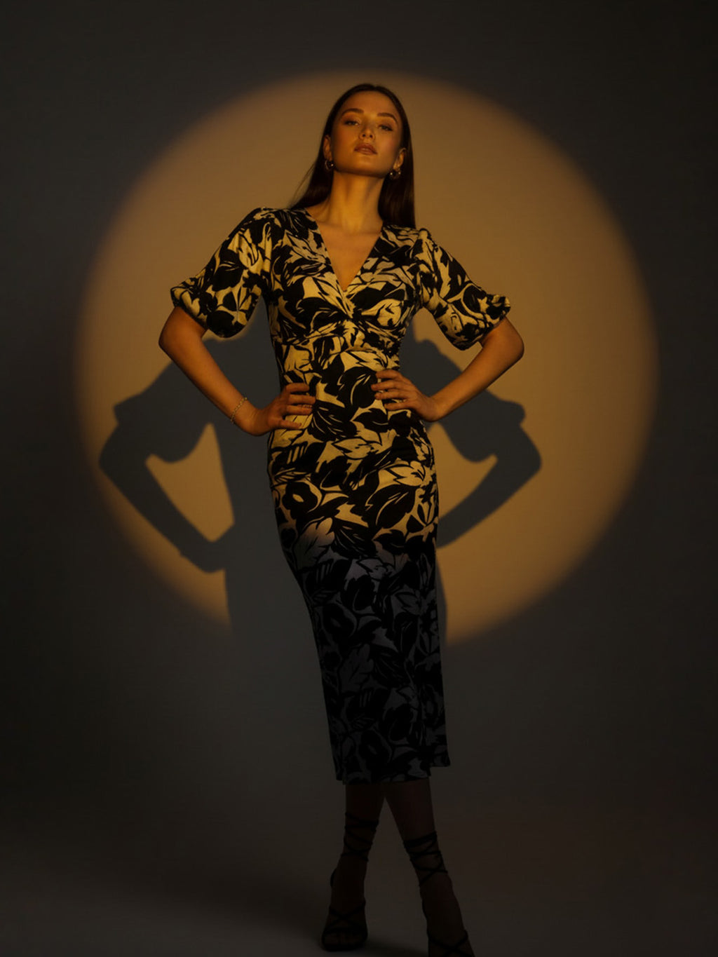 Black Leaves Printed Front Twisted Midi Dress