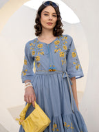 Cotton Floral Embroidered Fit And Flare Dress