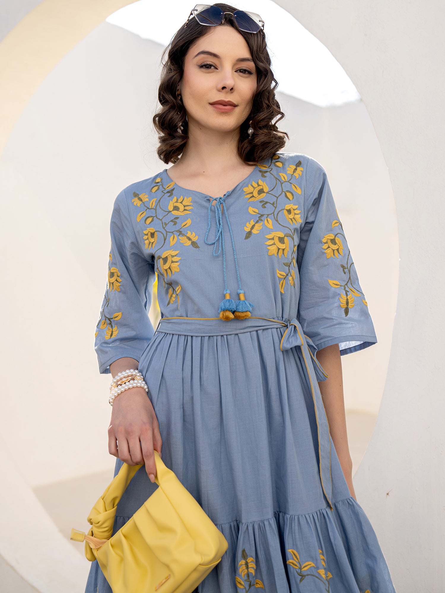 Cotton Floral Embroidered Fit And Flare Dress