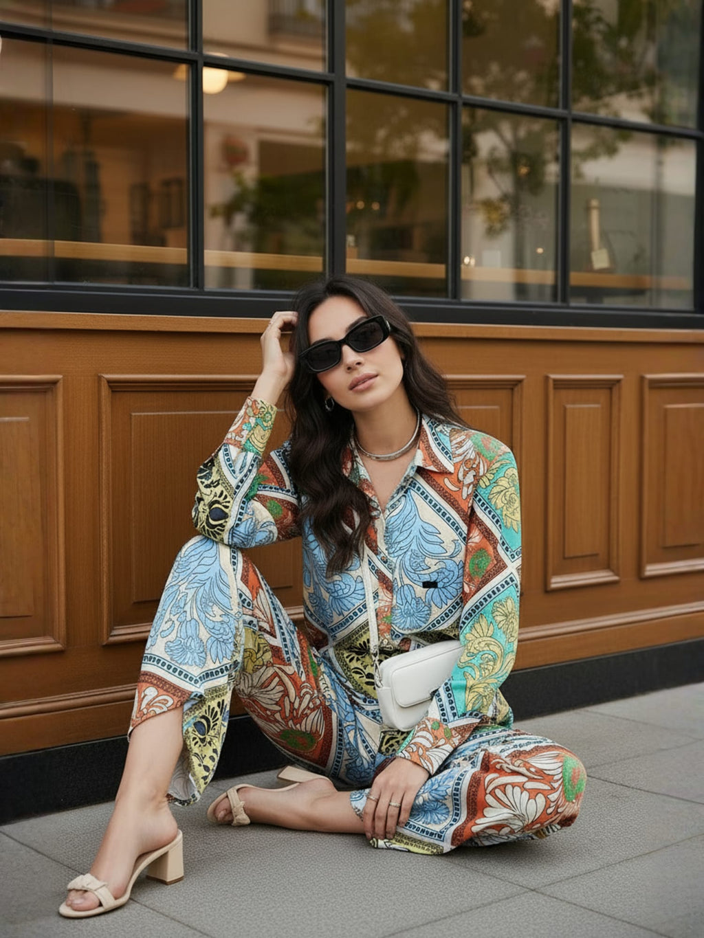 Multi Floral Satin Shirt With Darted Pants