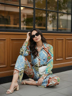 Multi Floral Satin Shirt With Darted Pants