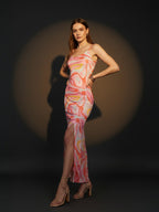 Pink Asbstract Satin Strappy Maxi Dress