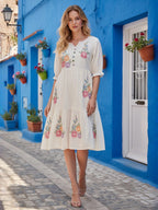 Floral Embroidered Puff Sleeve A-Line Dress