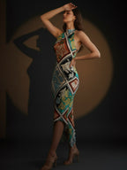 Multi Floral Satin Halter Neck Midi Dress