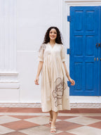 Zummer Embroidered Cotton Midi Dress with Puff Sleeves – Off White, White & Brown