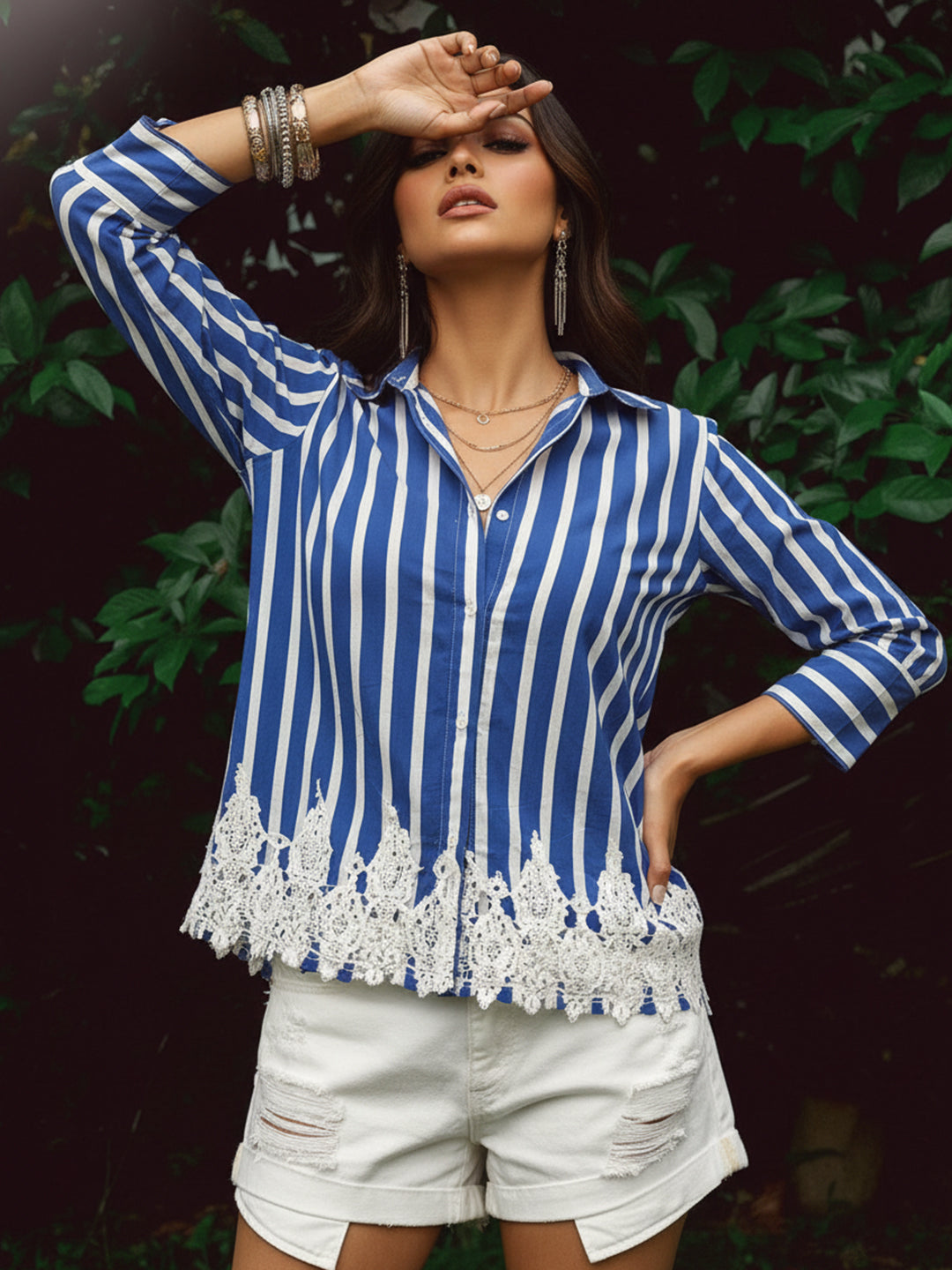 Zummer Printed Striped Cotton Shirt with Lace Inserts – Blue, White & Navy