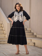 Zummer Women Navy Blue Embroidered Cotton Midi Dress Jacket