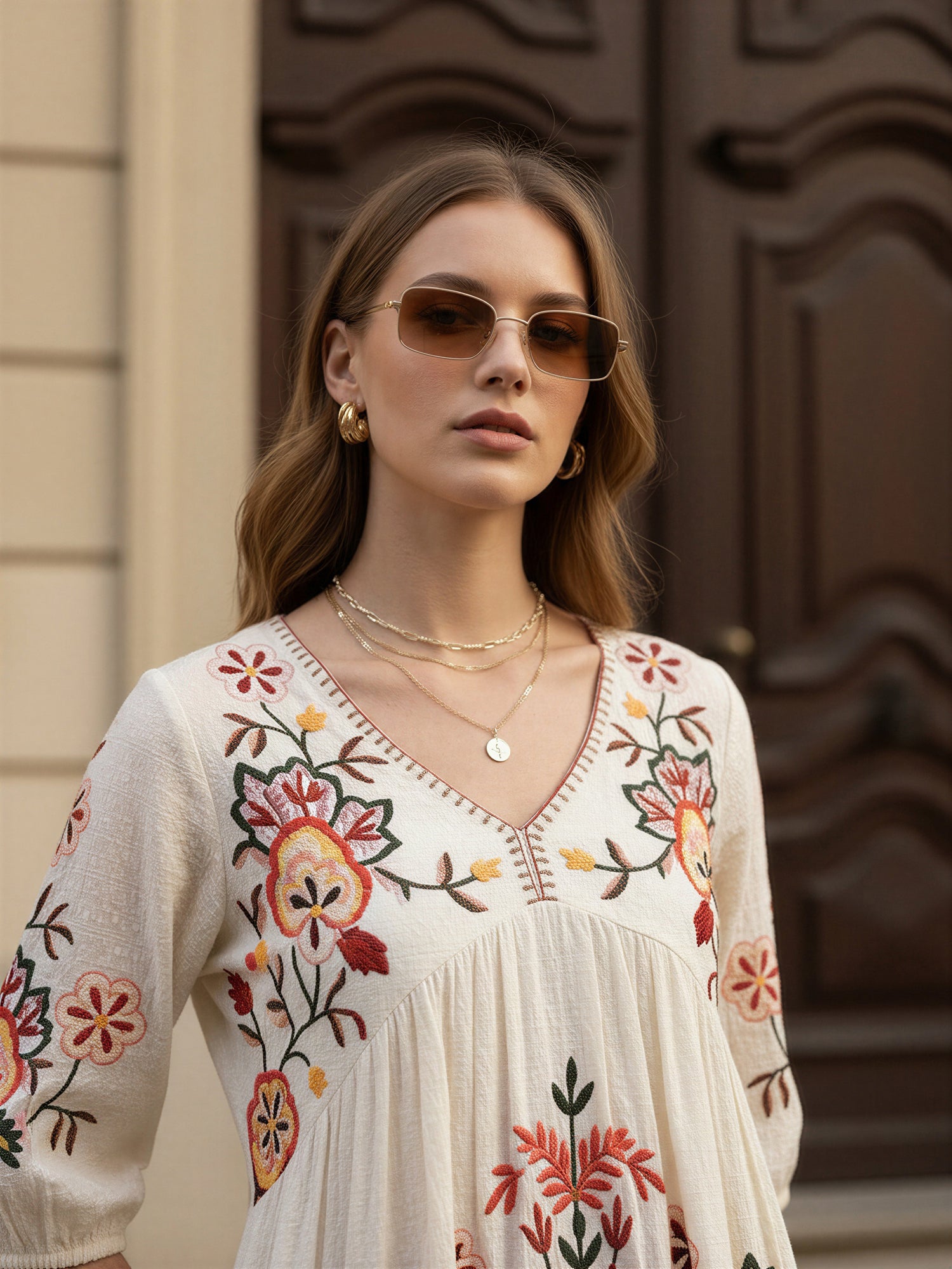 Off White Cotton Embroidered Empire Short Dress with Puff Sleeves