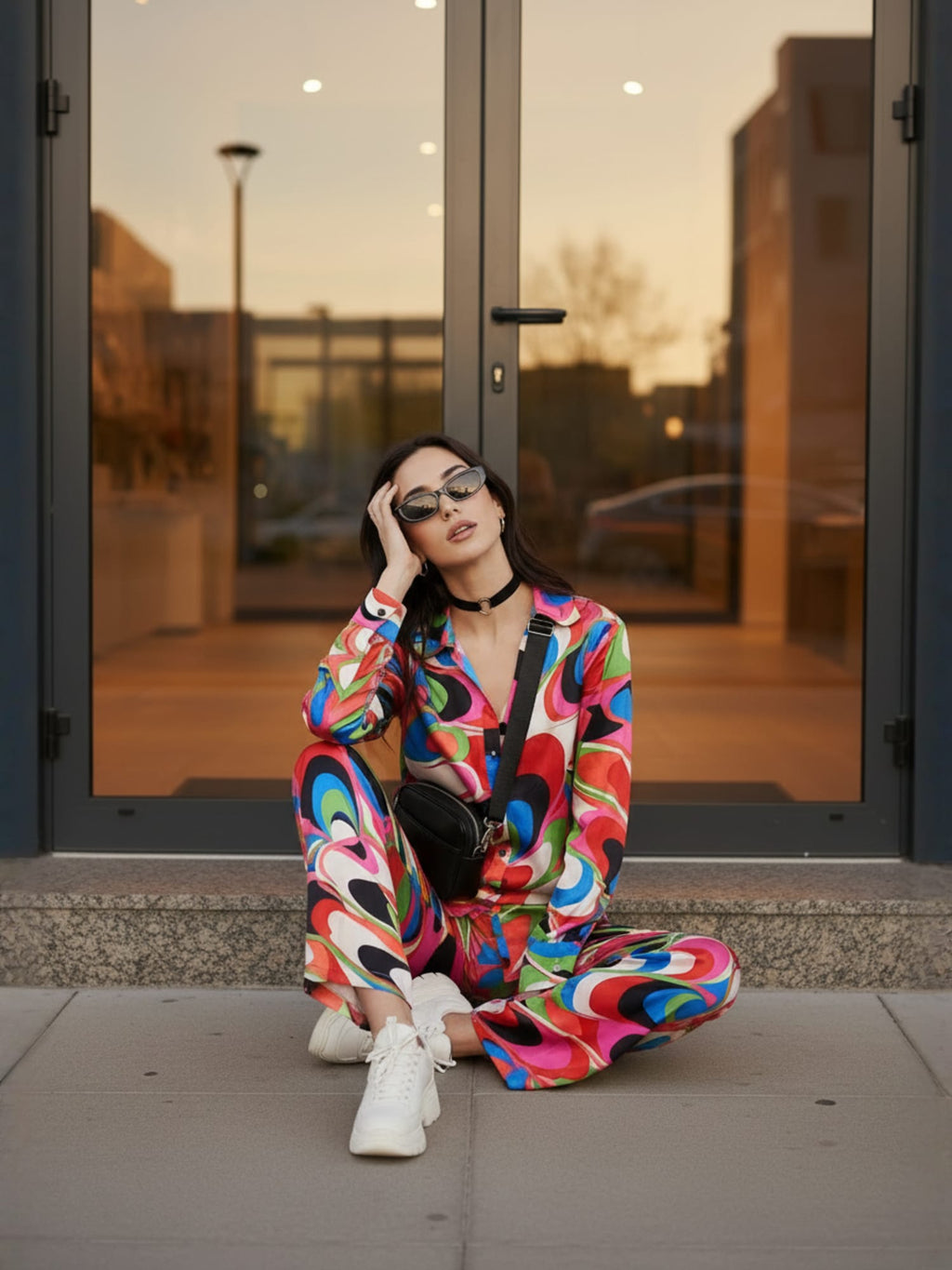 Multi Abstract Satin Shirt With Darted Pants