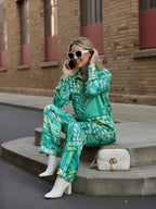 Blue Abstract Satin Shirt With Darted Pants