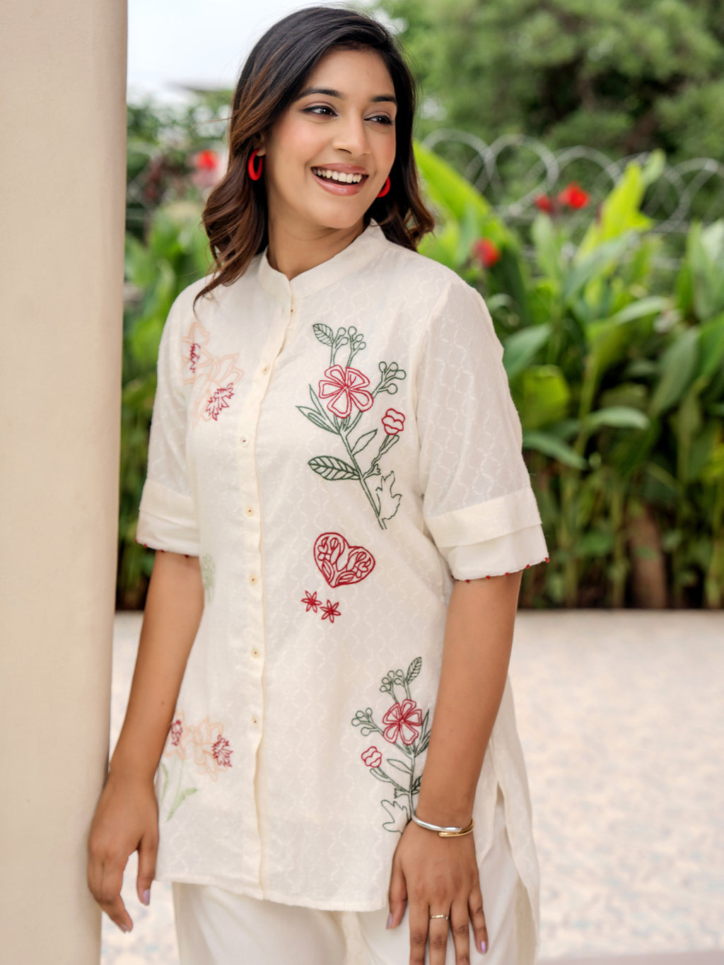 Cotton Off White Embroidered Tunic With Trouser Co-Ords Set
