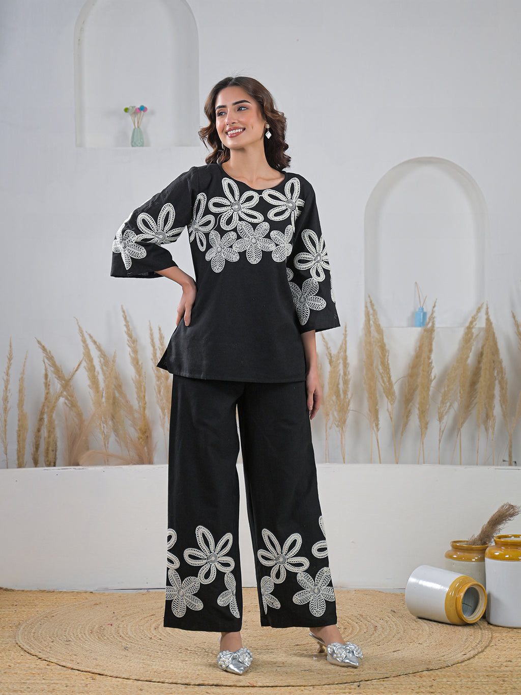 Zummer Co-ord Set – Black Embroidered Tunic & Palazzos
