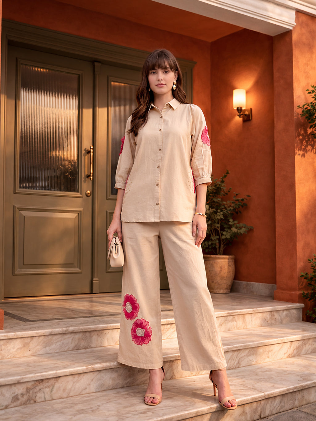 Zummer Women Beige Embellished Cotton Co-Ord Set