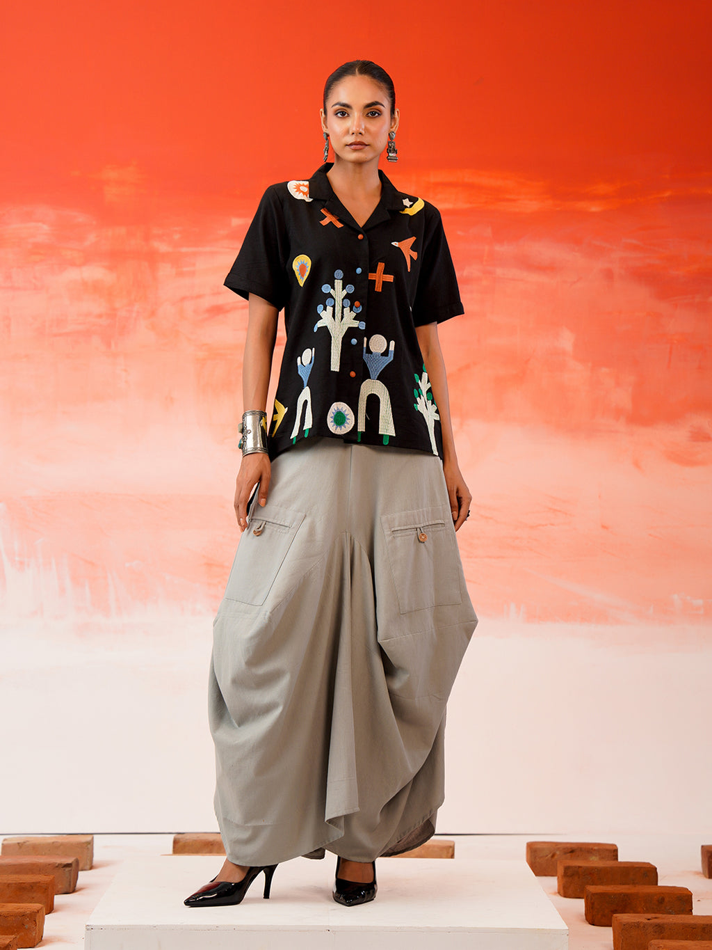 Zummer Embroidered Cotton Co-Ord Set with Shirt & Skirt – Black, Charcoal & Grey