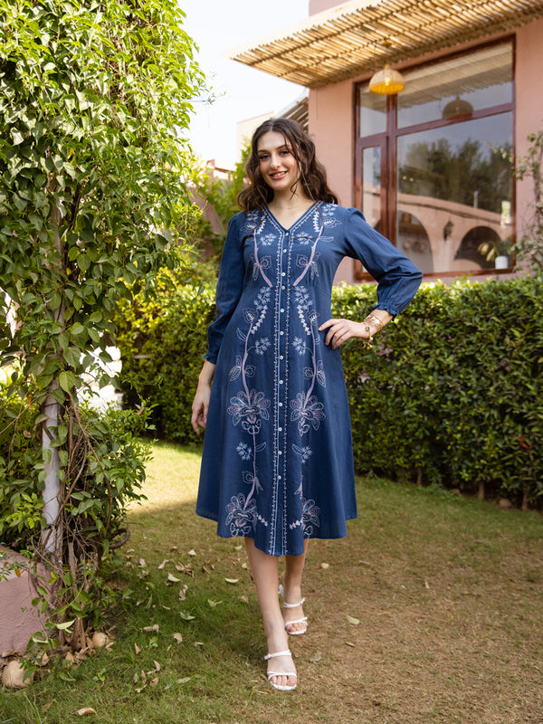 Zummer Navy Blue Embroidered Shirt Dress