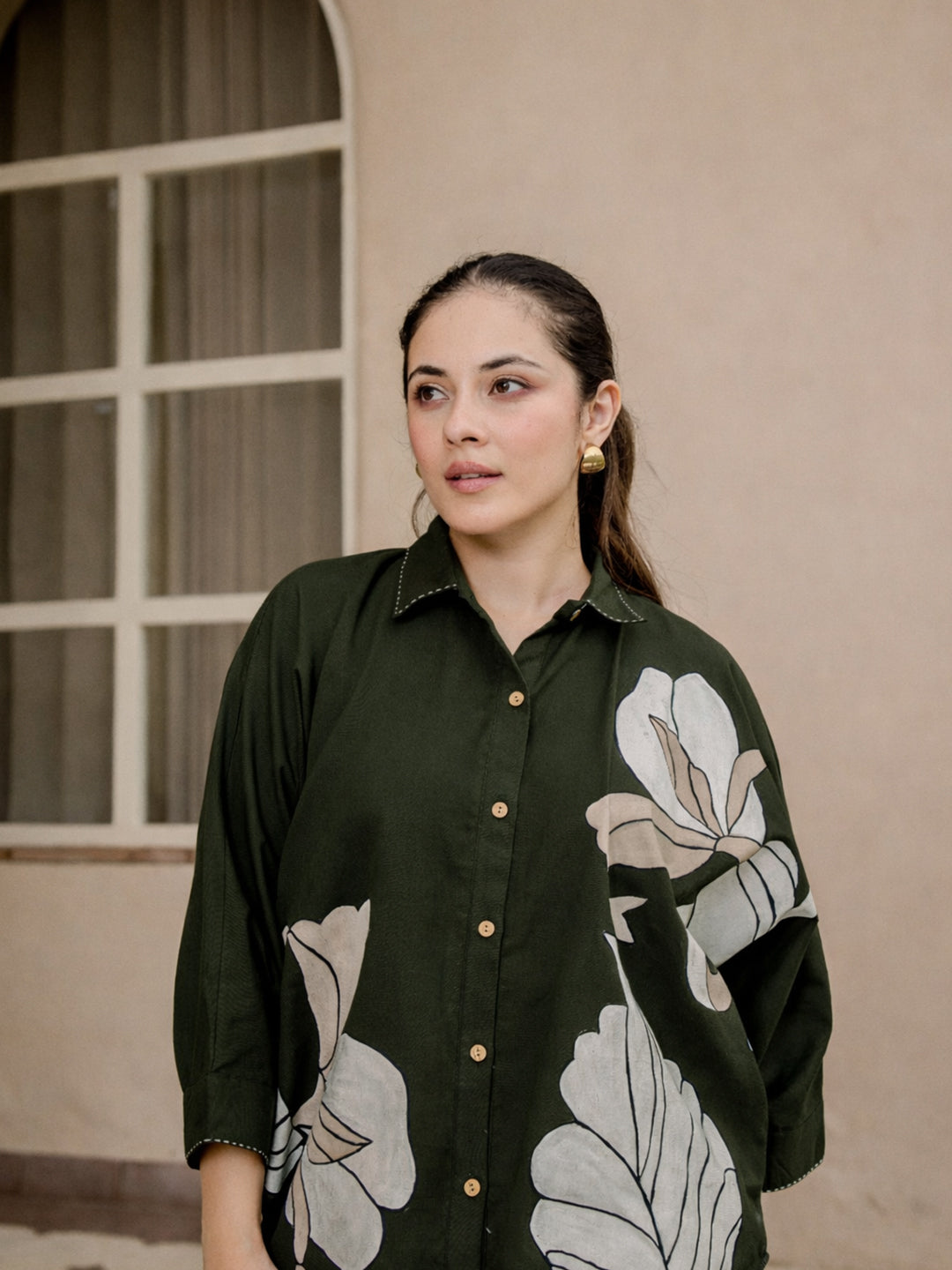 Zummer Hand-Painted Cotton Co-Ord Set with Shirt & Trousers – Olive, Grey & Beige