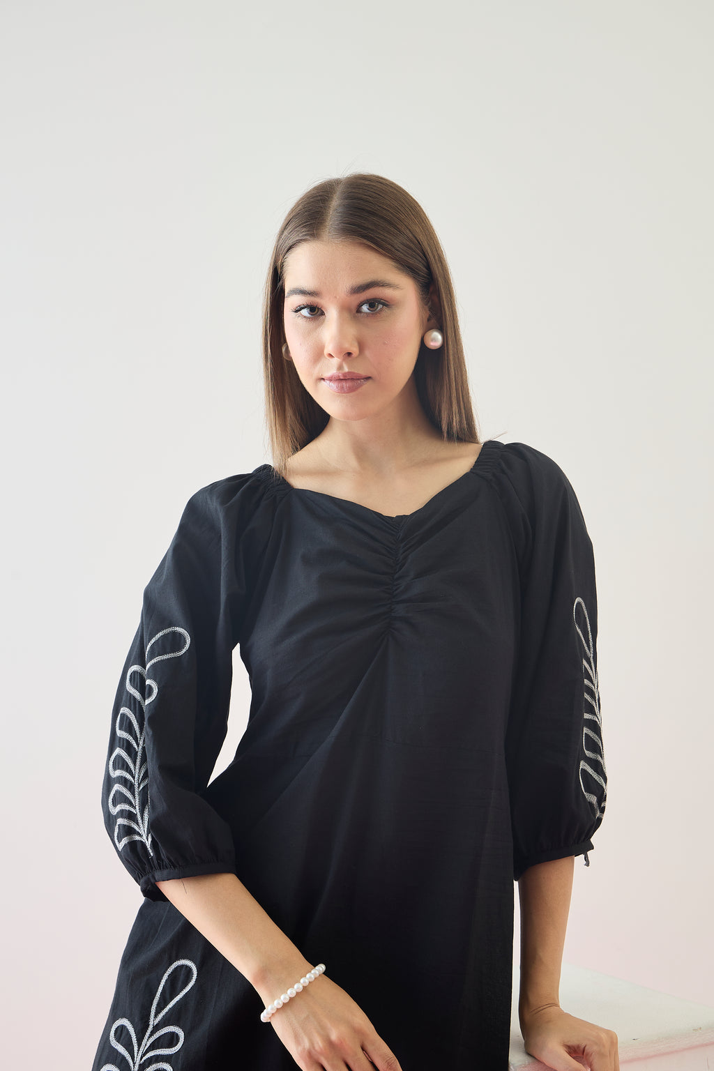 Cotton Black Embroidered  Puff Sleeve Midi Dress