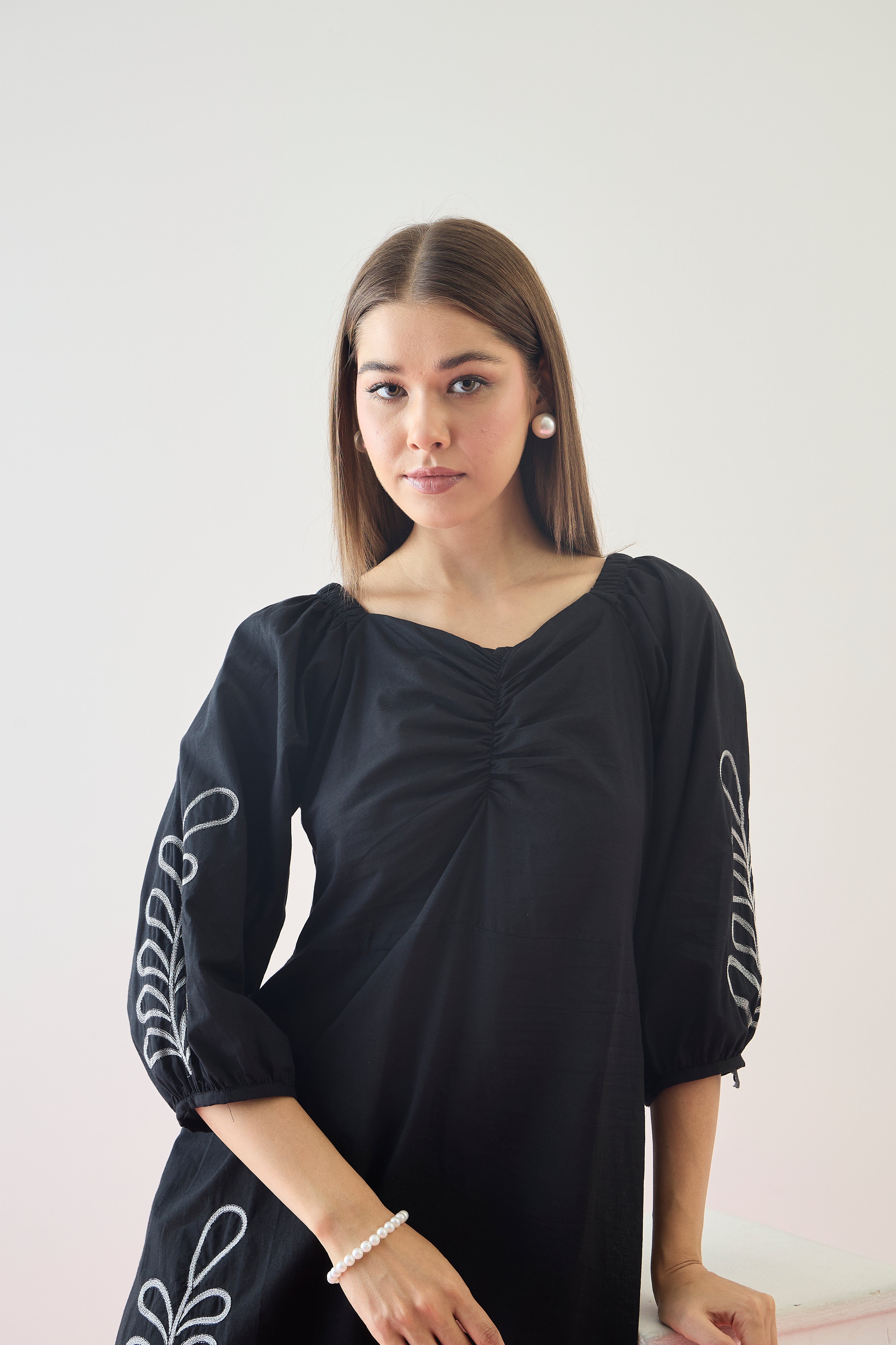 Cotton Black Embroidered  Puff Sleeve Midi Dress