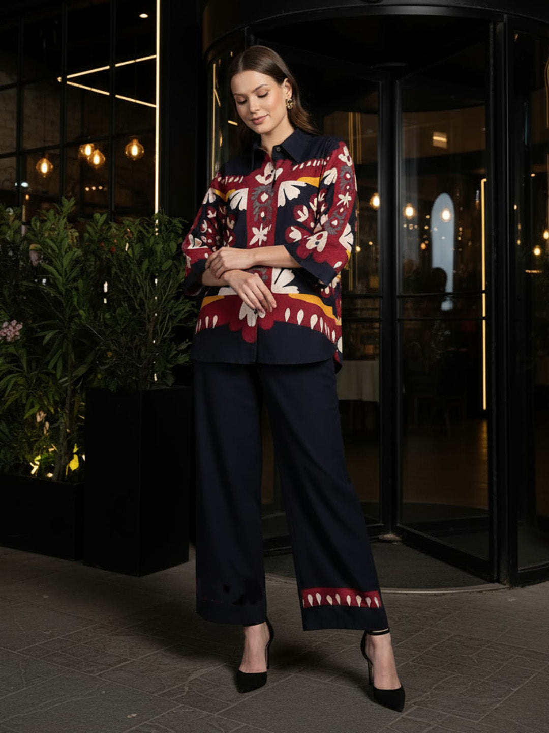 Navy Blue Floral Hand Print Shirt & Trouser Co-Ord Set