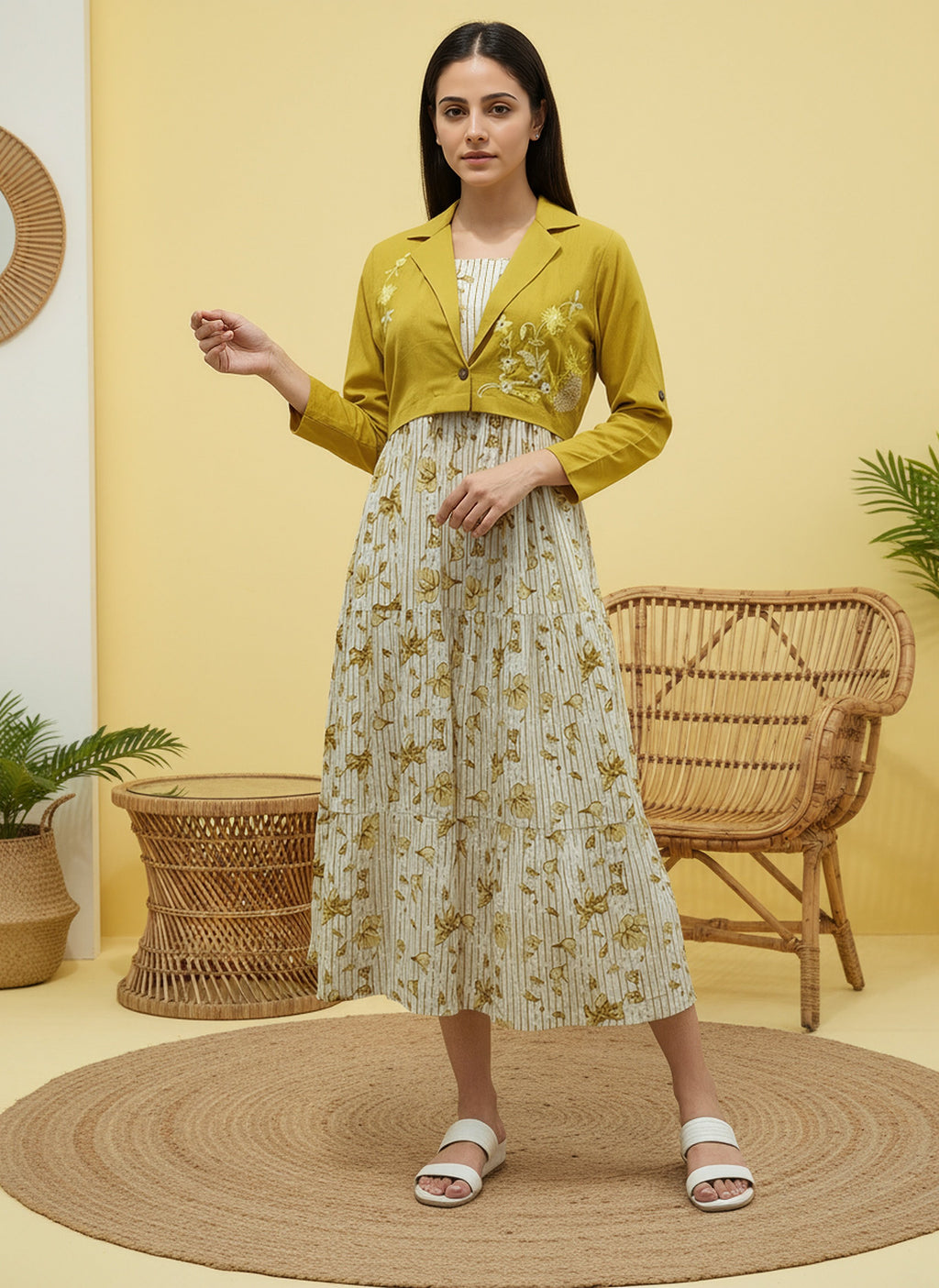 Cotton Yellow Printed Fit And Flare Midi Dress with Embroidered Jacket