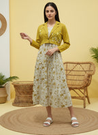 Cotton Yellow Printed Fit And Flare Midi Dress with Embroidered Jacket