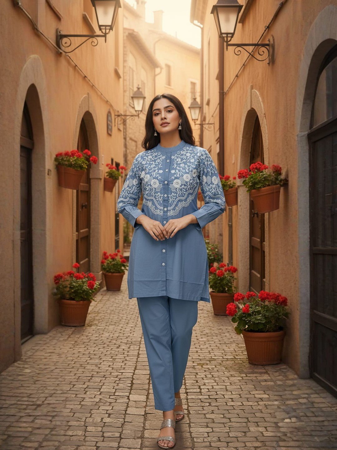 Cotton Floral Embroidered Shirt With TrouserCo-Ords Set