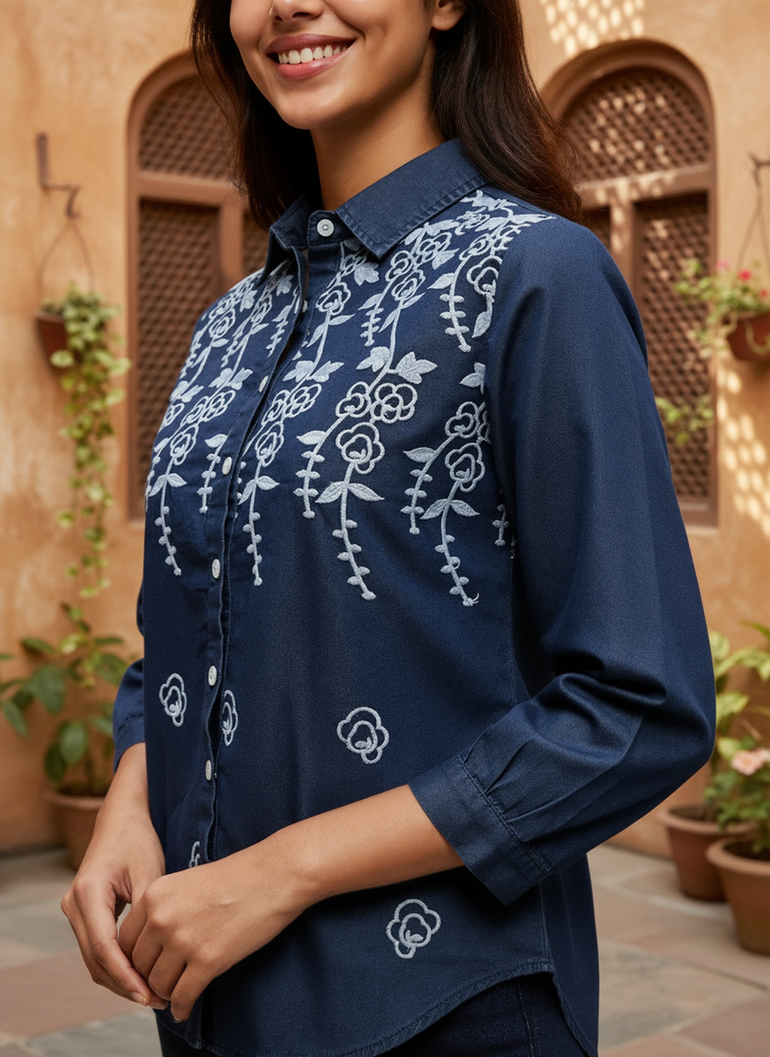 Denim Embroidered Shirt With TrouserCo-Ords Set