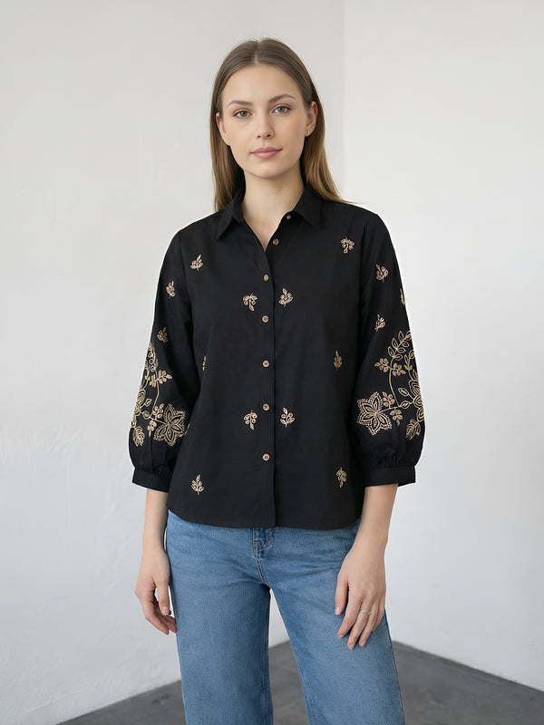 Zummer Black, Charcoal &amp; Beige Embroidered Cotton Shirt