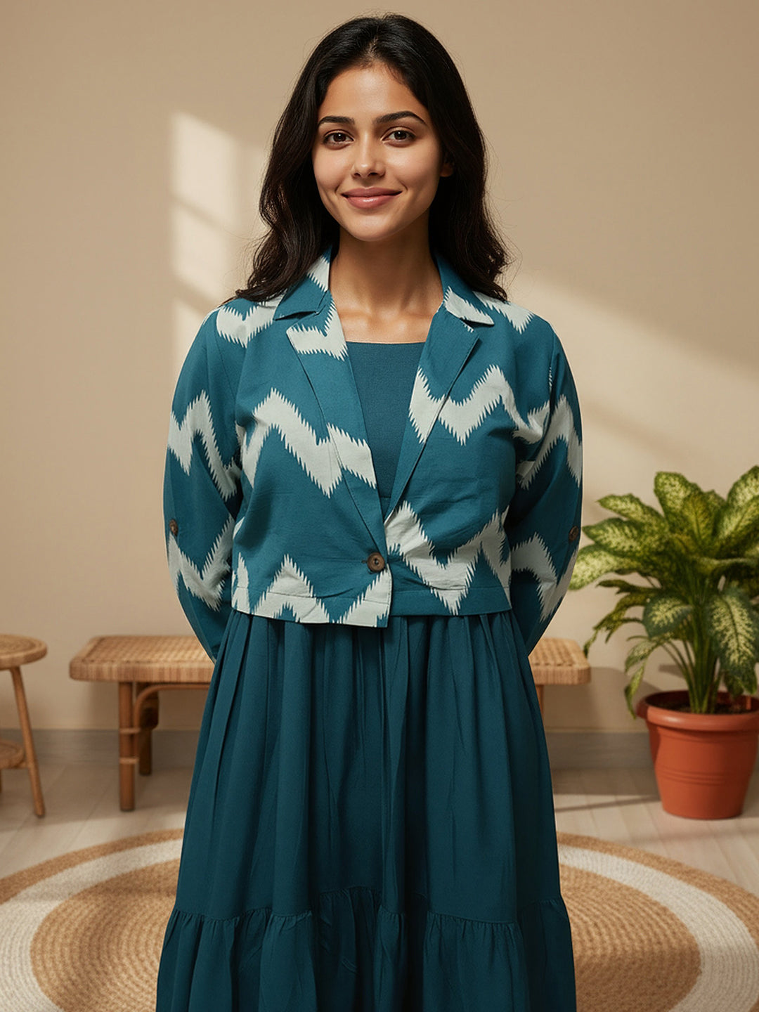 Cotton Fit And Flare Midi Dress with ikat Printed Jacket