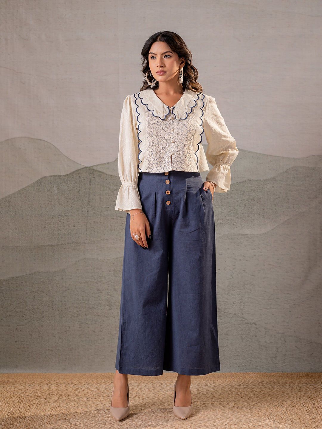 Zummer Off-White & Blue Cotton Co-Ord Set