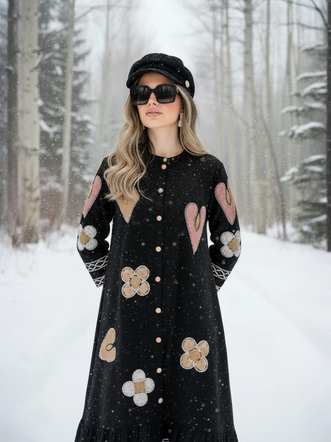 Zummer Cotton Black Geometric Embroidered Midi Dress