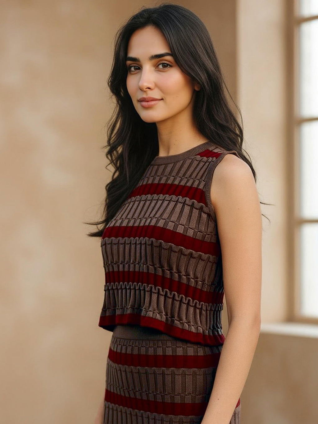 Seamless cotton knitted striped Crop Top With Skirt Co-Ords Set